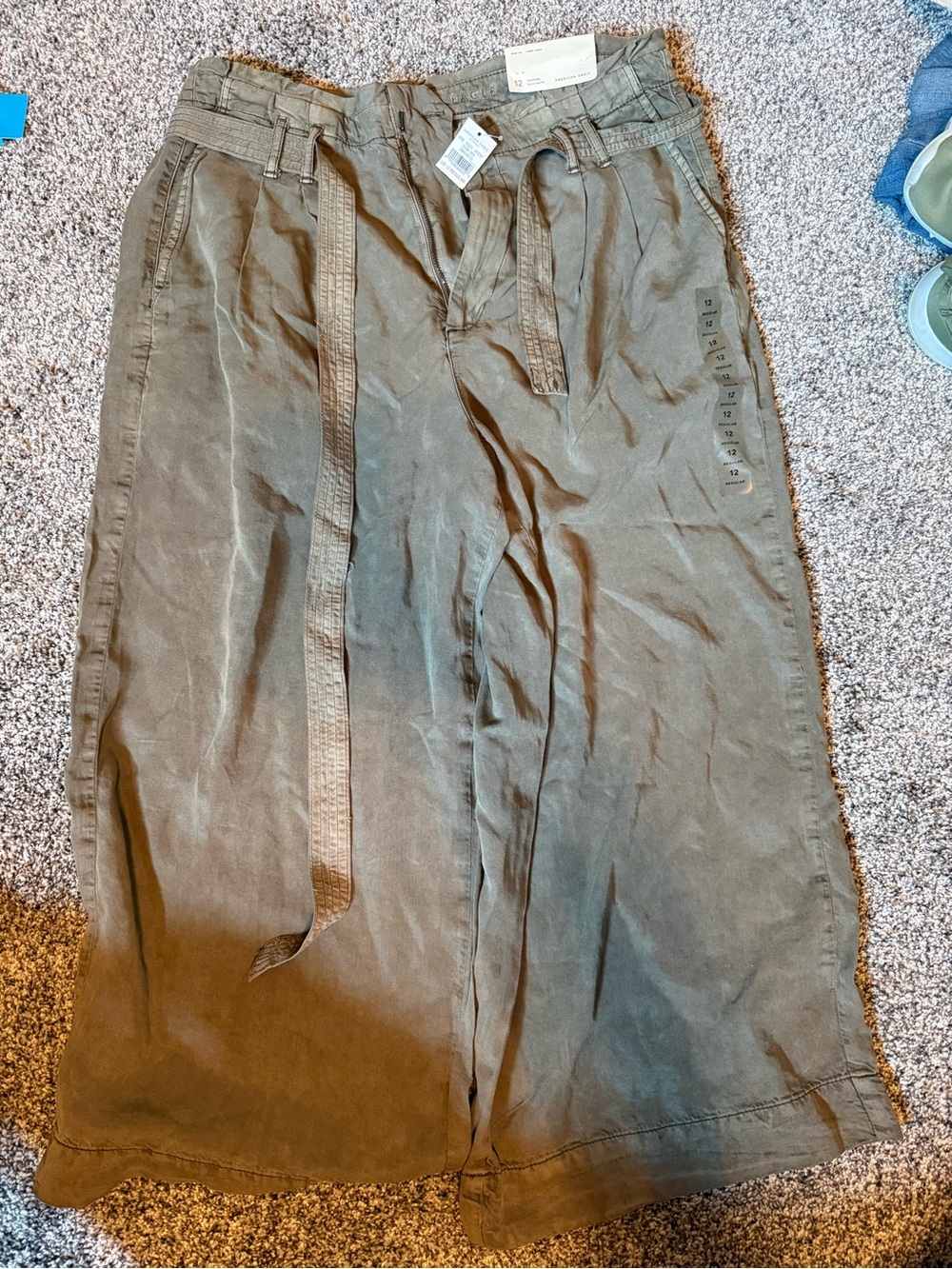 American Eagle Outfitters Olive Green Wide-Leg Tie-Waist Pants
